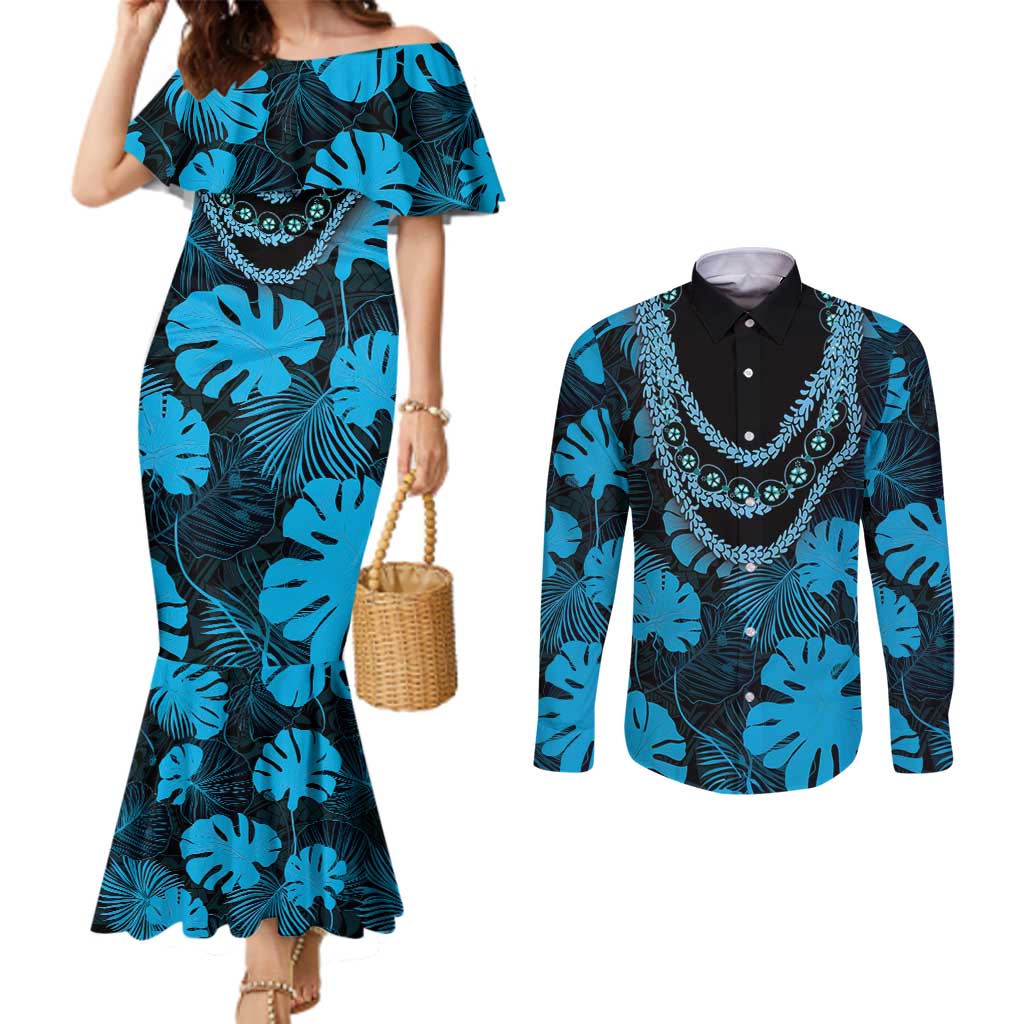 Blue Hawaii Kukui Nut Lei Couples Matching Mermaid Dress and Long Sleeve Button Shirt Hawaiian Pattern Monstera Tropical Vibes - Polynesian Pride