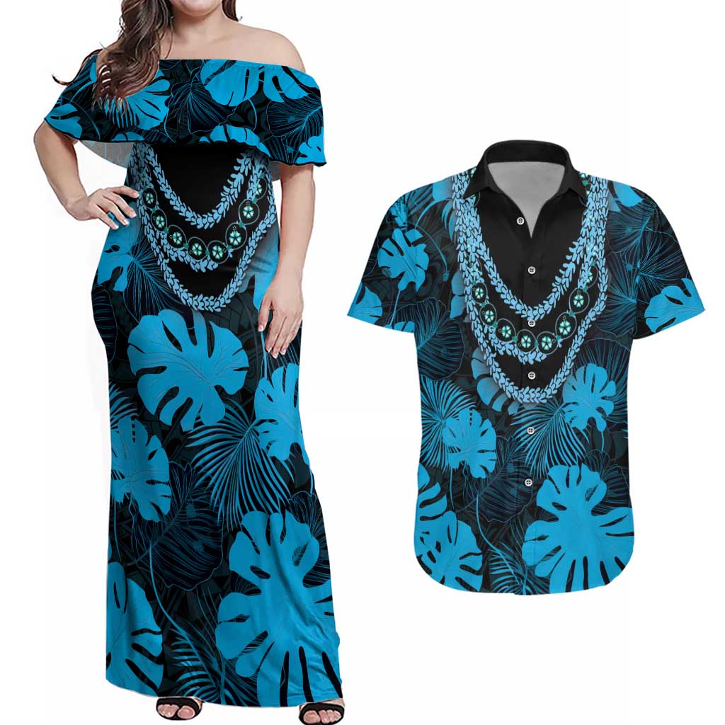 Blue Hawaii Kukui Nut Lei Couples Matching Off Shoulder Maxi Dress and Hawaiian Shirt Hawaiian Pattern Monstera Tropical Vibes LT14 Blue - Polynesian Pride