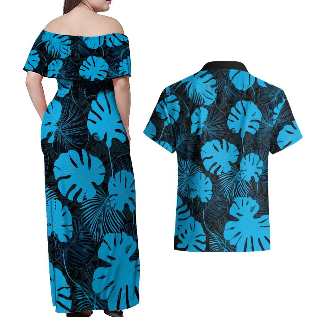 Blue Hawaii Kukui Nut Lei Couples Matching Off Shoulder Maxi Dress and Hawaiian Shirt Hawaiian Pattern Monstera Tropical Vibes LT14 - Polynesian Pride