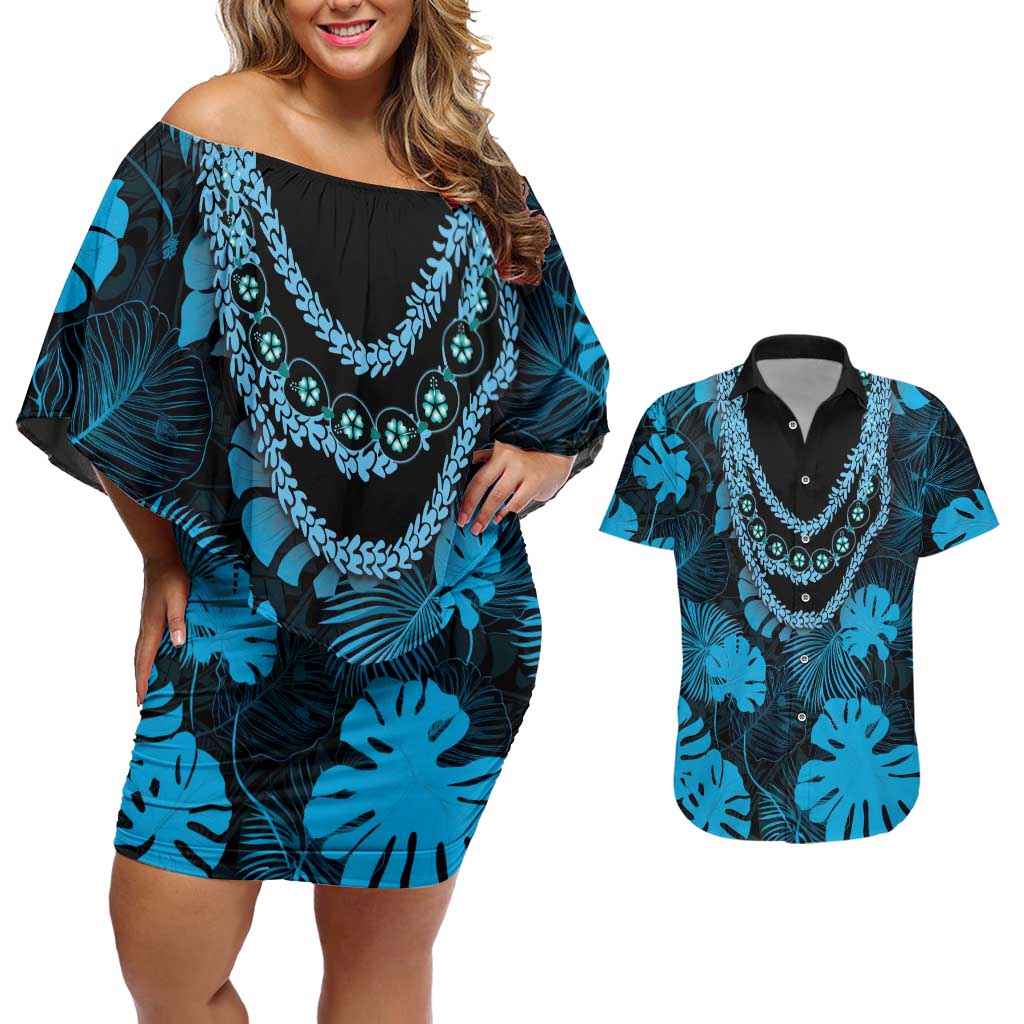 Blue Hawaii Kukui Nut Lei Couples Matching Off Shoulder Short Dress and Hawaiian Shirt Hawaiian Pattern Monstera Tropical Vibes LT14 Blue - Polynesian Pride