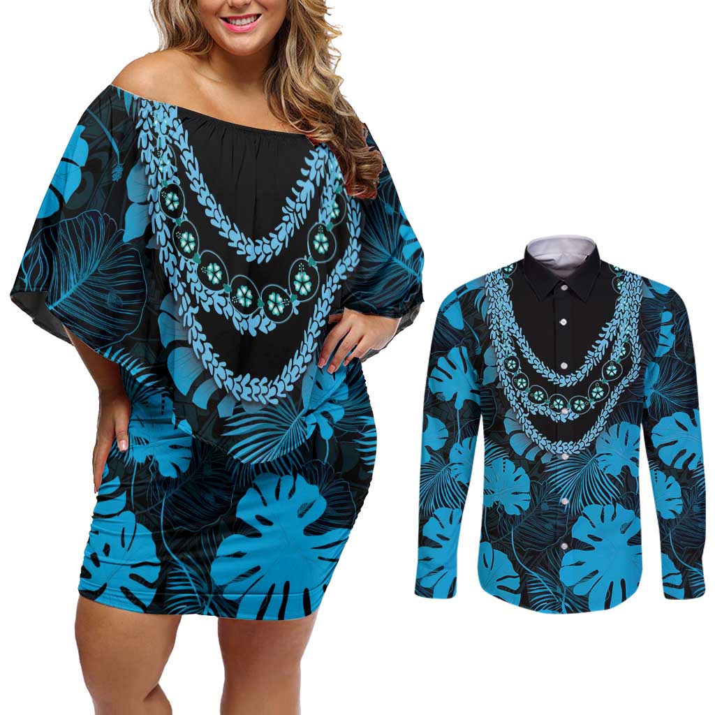 Blue Hawaii Kukui Nut Lei Couples Matching Off Shoulder Short Dress and Long Sleeve Button Shirt Hawaiian Pattern Monstera Tropical Vibes - Polynesian Pride