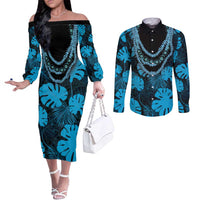 Blue Hawaii Kukui Nut Lei Couples Matching Off The Shoulder Long Sleeve Dress and Long Sleeve Button Shirt Hawaiian Pattern Monstera Tropical Vibes LT14 Blue - Polynesian Pride