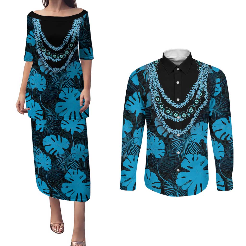 Blue Hawaii Kukui Nut Lei Couples Matching Puletasi and Long Sleeve Button Shirt Hawaiian Pattern Monstera Tropical Vibes LT14 Blue - Polynesian Pride