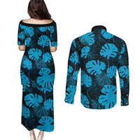 Blue Hawaii Kukui Nut Lei Couples Matching Puletasi and Long Sleeve Button Shirt Hawaiian Pattern Monstera Tropical Vibes - Polynesian Pride