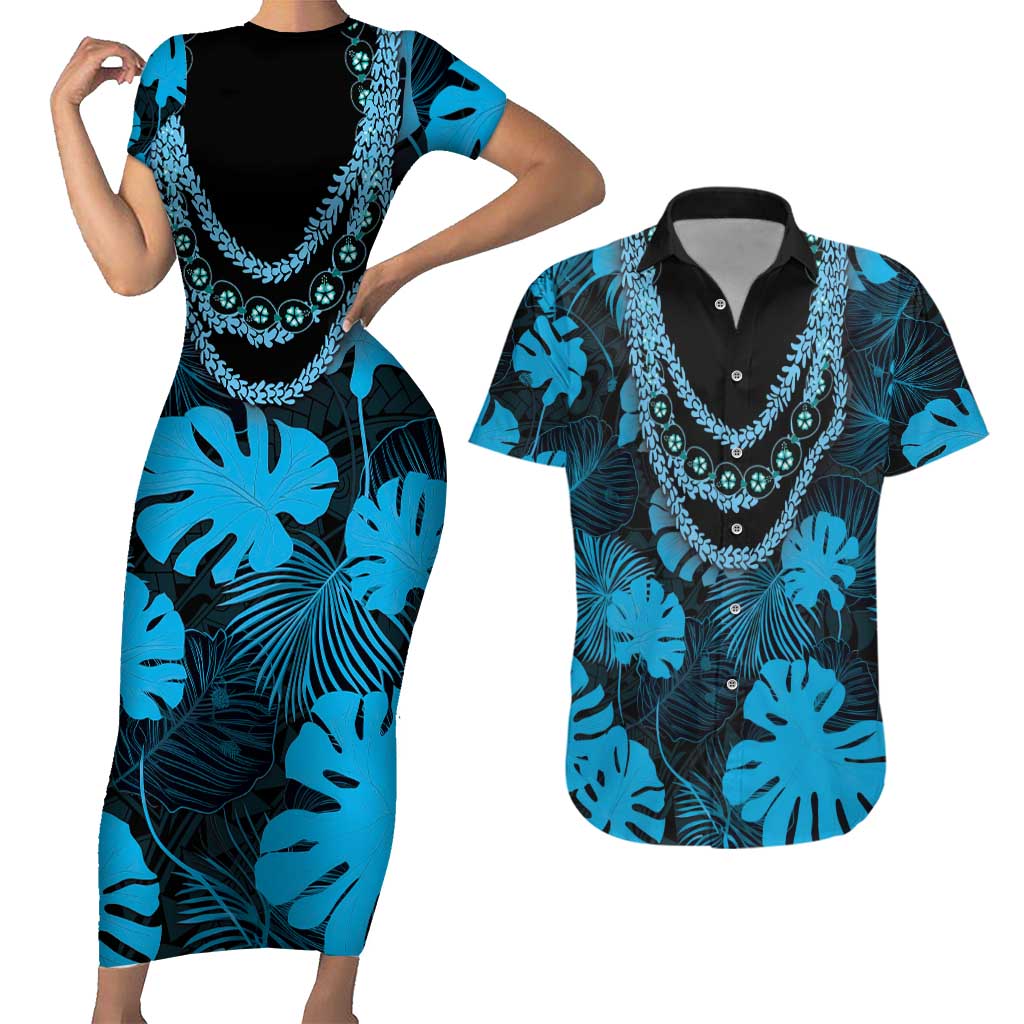 Blue Hawaii Kukui Nut Lei Couples Matching Short Sleeve Bodycon Dress and Hawaiian Shirt Hawaiian Pattern Monstera Tropical Vibes LT14 Blue - Polynesian Pride