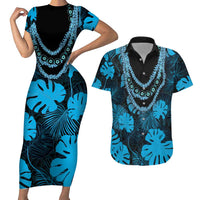 Blue Hawaii Kukui Nut Lei Couples Matching Short Sleeve Bodycon Dress and Hawaiian Shirt Hawaiian Pattern Monstera Tropical Vibes LT14 Blue - Polynesian Pride