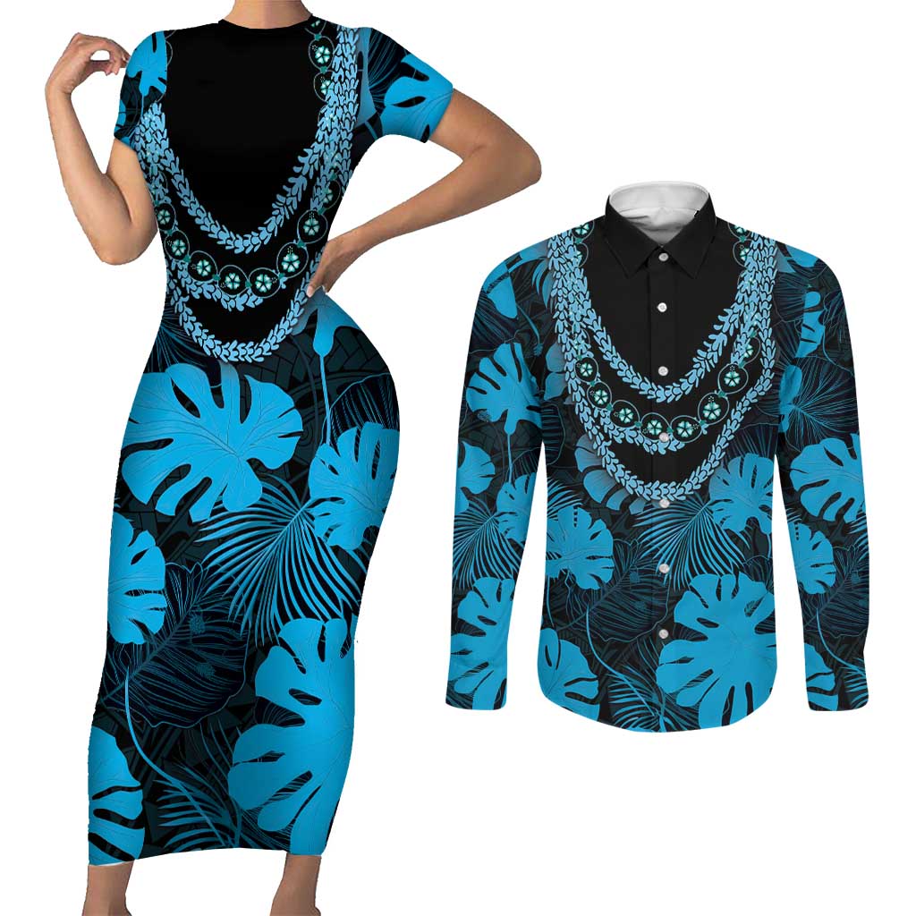 Blue Hawaii Kukui Nut Lei Couples Matching Short Sleeve Bodycon Dress and Long Sleeve Button Shirt Hawaiian Pattern Monstera Tropical Vibes LT14 Blue - Polynesian Pride