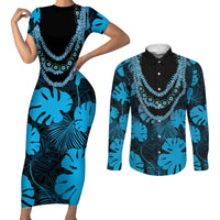 Blue Hawaii Kukui Nut Lei Couples Matching Short Sleeve Bodycon Dress and Long Sleeve Button Shirt Hawaiian Pattern Monstera Tropical Vibes LT14 Blue - Polynesian Pride