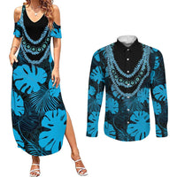 Blue Hawaii Kukui Nut Lei Couples Matching Summer Maxi Dress and Long Sleeve Button Shirt Hawaiian Pattern Monstera Tropical Vibes - Polynesian Pride
