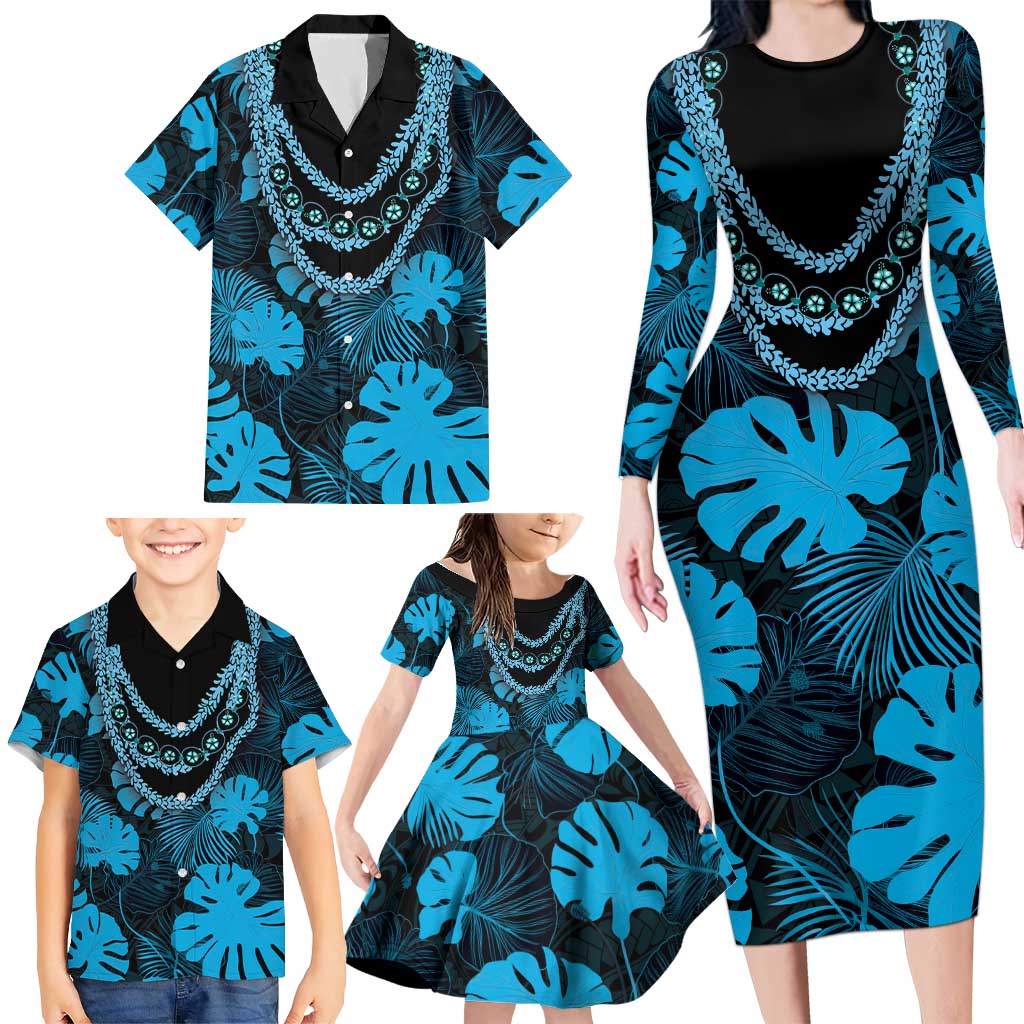 Blue Hawaii Kukui Nut Lei Family Matching Long Sleeve Bodycon Dress and Hawaiian Shirt Hawaiian Pattern Monstera Tropical Vibes LT14 - Polynesian Pride