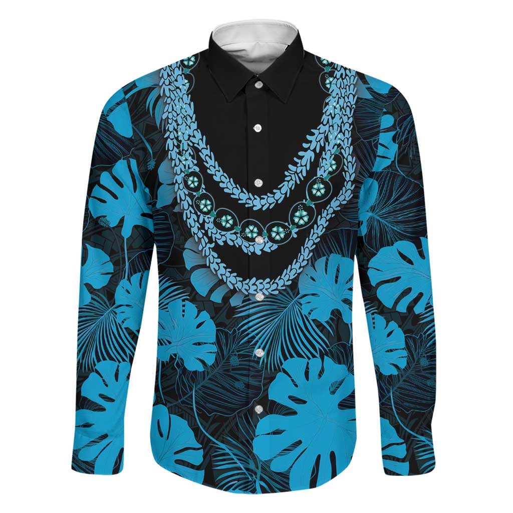Blue Hawaii Kukui Nut Lei Family Matching Mermaid Dress and Hawaiian Shirt Hawaiian Pattern Monstera Tropical Vibes LT14 Dad's Shirt - Long Sleeve Blue - Polynesian Pride