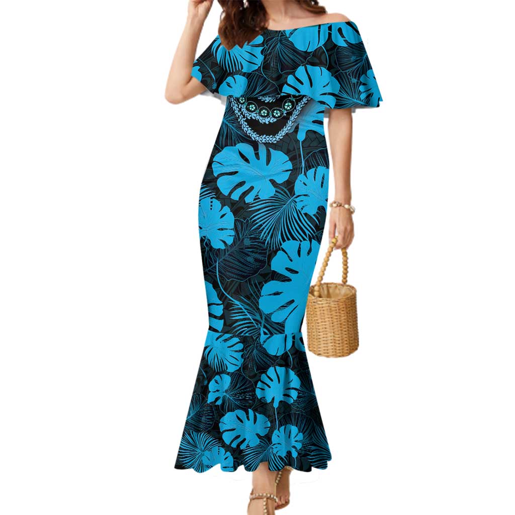 Blue Hawaii Kukui Nut Lei Family Matching Mermaid Dress and Hawaiian Shirt Hawaiian Pattern Monstera Tropical Vibes LT14 Mom's Dress Blue - Polynesian Pride