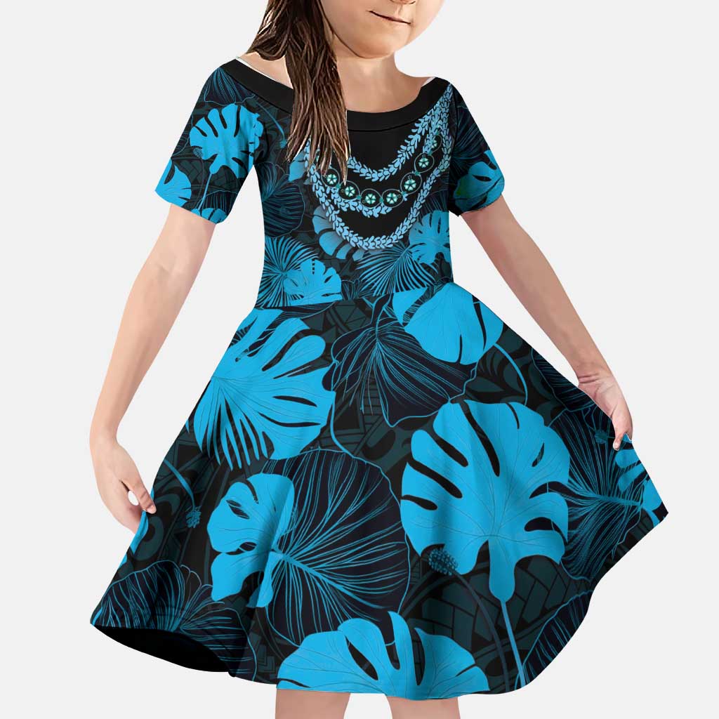 Blue Hawaii Kukui Nut Lei Family Matching Off Shoulder Maxi Dress and Hawaiian Shirt Hawaiian Pattern Monstera Tropical Vibes LT14 Daughter's Dress Blue - Polynesian Pride