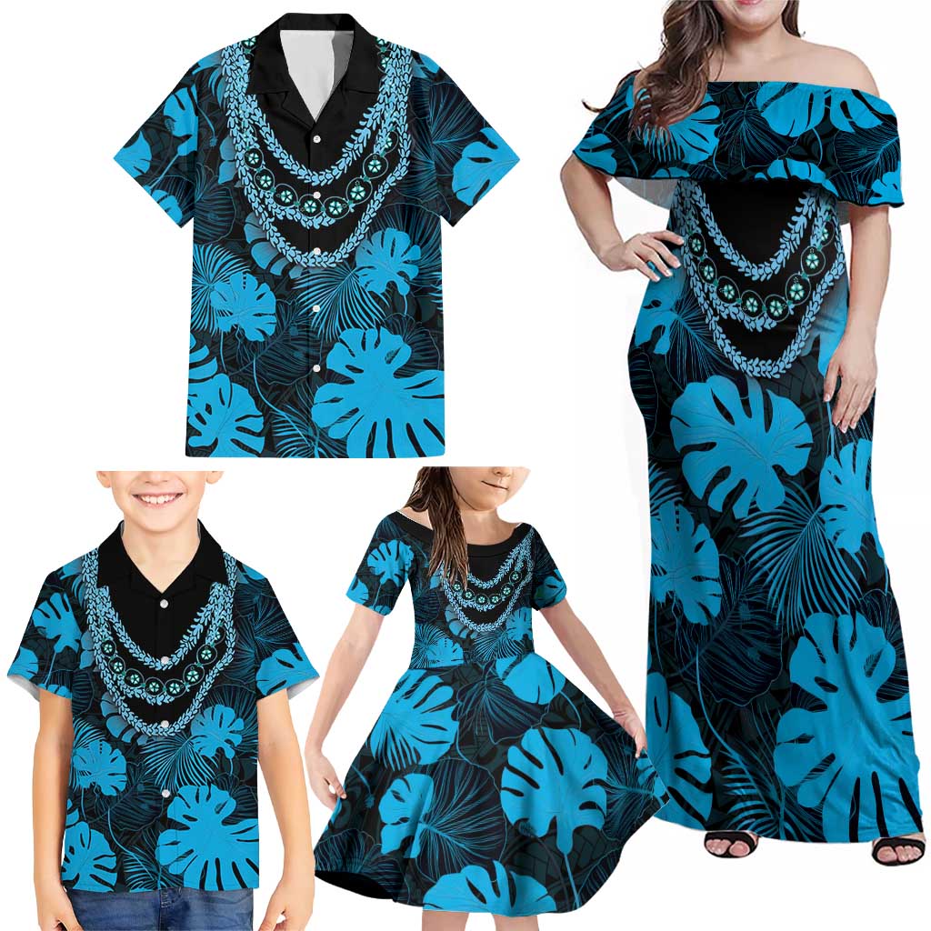Blue Hawaii Kukui Nut Lei Family Matching Off Shoulder Maxi Dress and Hawaiian Shirt Hawaiian Pattern Monstera Tropical Vibes LT14 - Polynesian Pride