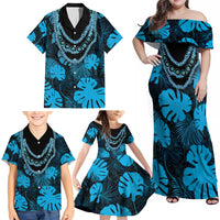 Blue Hawaii Kukui Nut Lei Family Matching Off Shoulder Maxi Dress and Hawaiian Shirt Hawaiian Pattern Monstera Tropical Vibes LT14 - Polynesian Pride