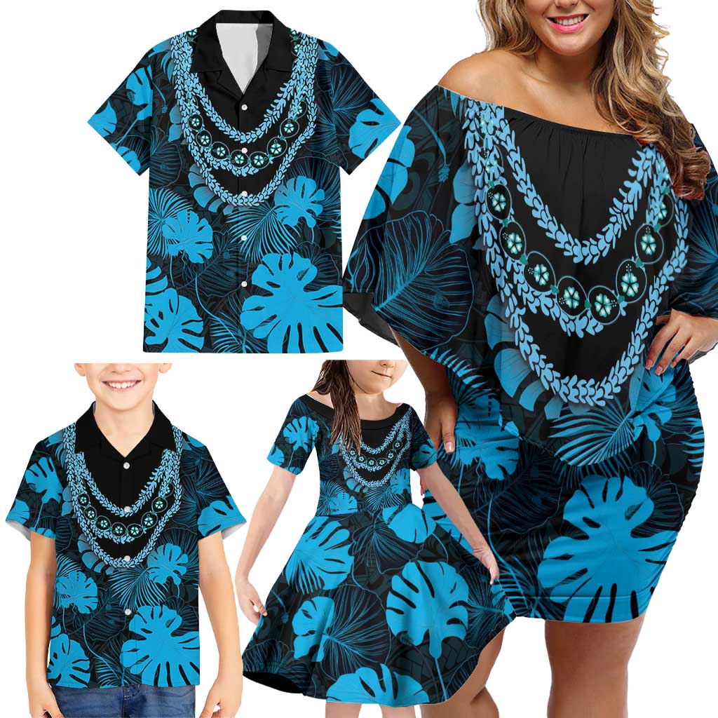 Blue Hawaii Kukui Nut Lei Family Matching Off Shoulder Short Dress and Hawaiian Shirt Hawaiian Pattern Monstera Tropical Vibes LT14 - Polynesian Pride