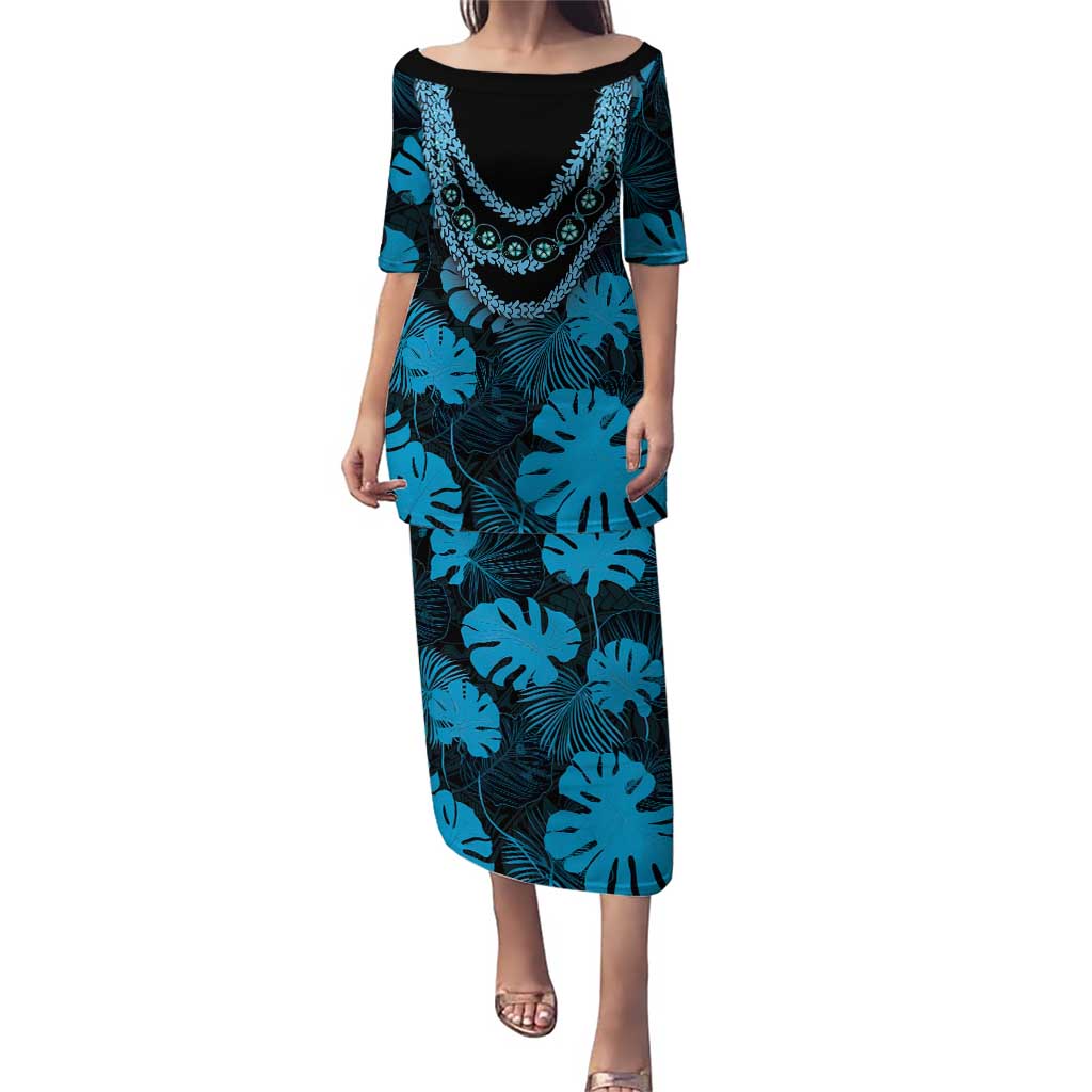 Blue Hawaii Kukui Nut Lei Family Matching Puletasi and Hawaiian Shirt Hawaiian Pattern Monstera Tropical Vibes LT14 Mom's Dress Blue - Polynesian Pride