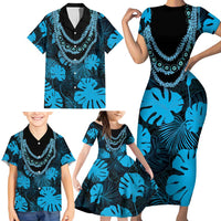 Blue Hawaii Kukui Nut Lei Family Matching Short Sleeve Bodycon Dress and Hawaiian Shirt Hawaiian Pattern Monstera Tropical Vibes LT14 - Polynesian Pride