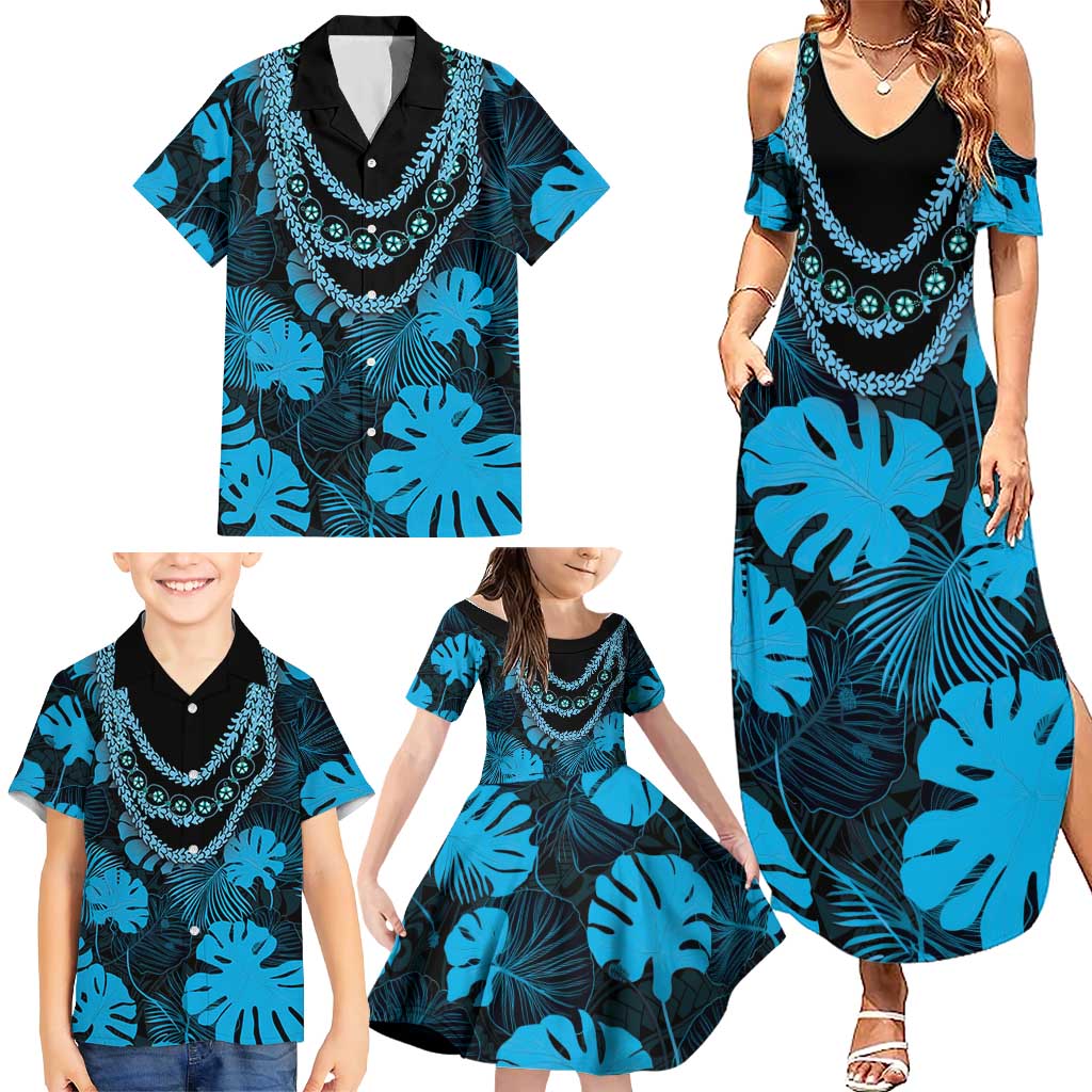 Blue Hawaii Kukui Nut Lei Family Matching Summer Maxi Dress and Hawaiian Shirt Hawaiian Pattern Monstera Tropical Vibes LT14 - Polynesian Pride