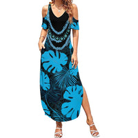 Blue Hawaii Kukui Nut Lei Family Matching Summer Maxi Dress and Hawaiian Shirt Hawaiian Pattern Monstera Tropical Vibes LT14 Mom's Dress Blue - Polynesian Pride