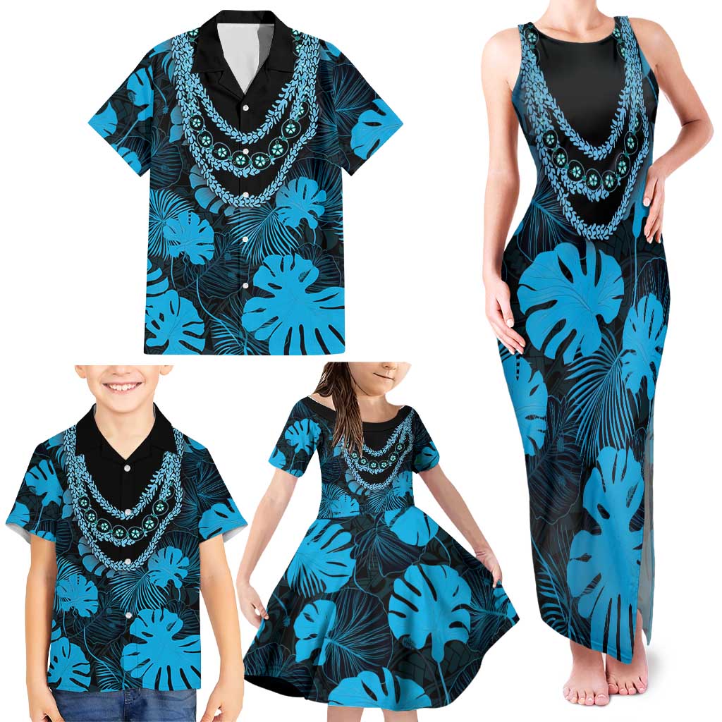 Blue Hawaii Kukui Nut Lei Family Matching Tank Maxi Dress and Hawaiian Shirt Hawaiian Pattern Monstera Tropical Vibes LT14 - Polynesian Pride