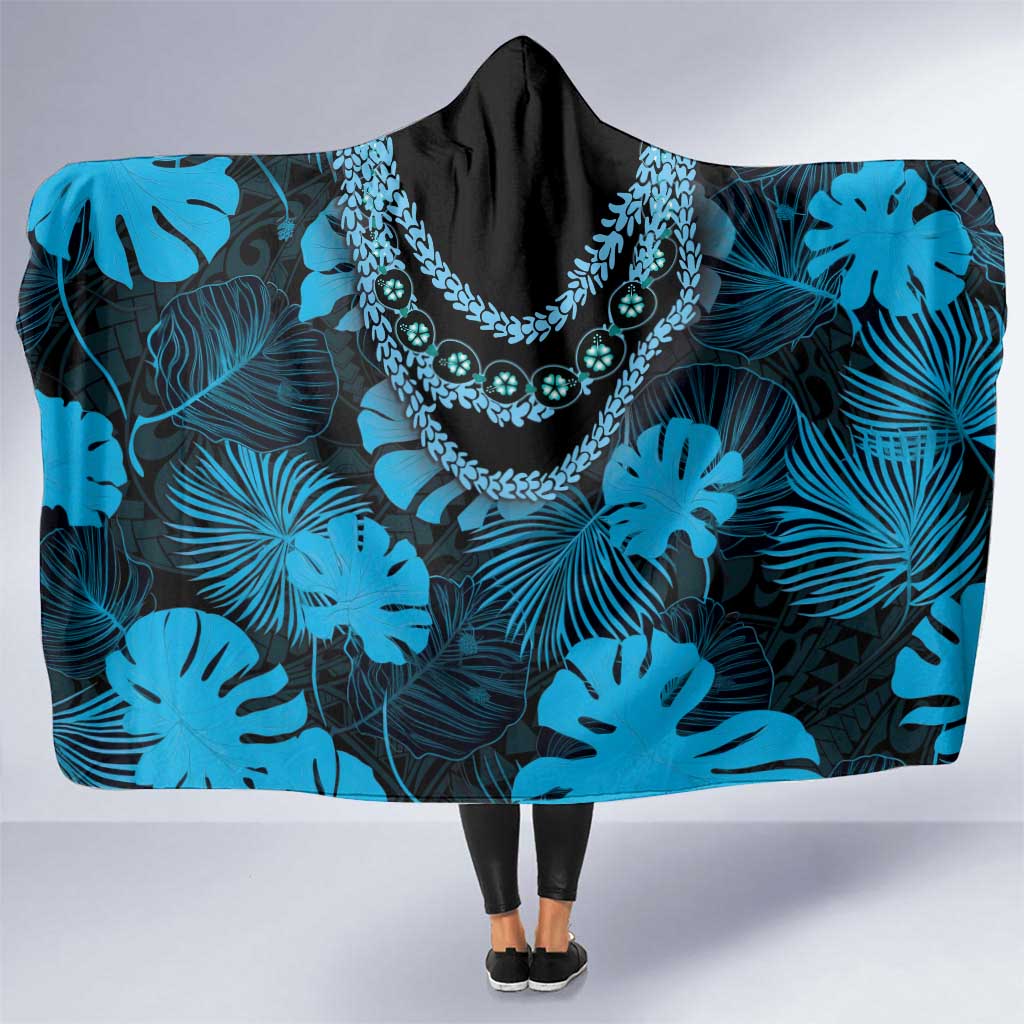 Blue Hawaii Kukui Nut Lei Hooded Blanket Hawaiian Pattern Monstera Tropical Vibes LT14 One Size Blue - Polynesian Pride