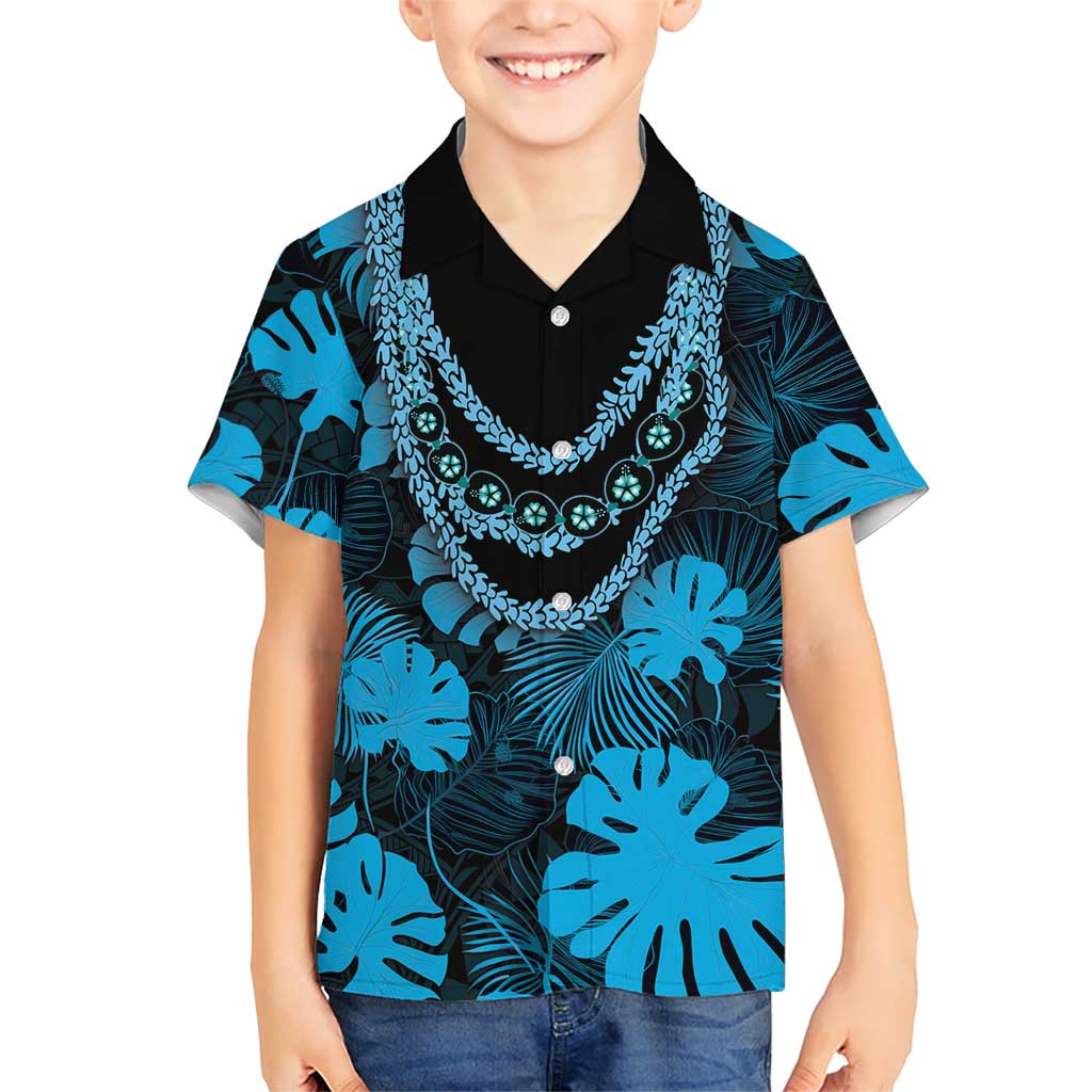 Blue Hawaii Kukui Nut Lei Kid Hawaiian Shirt Hawaiian Pattern Monstera Tropical Vibes - Polynesian Pride