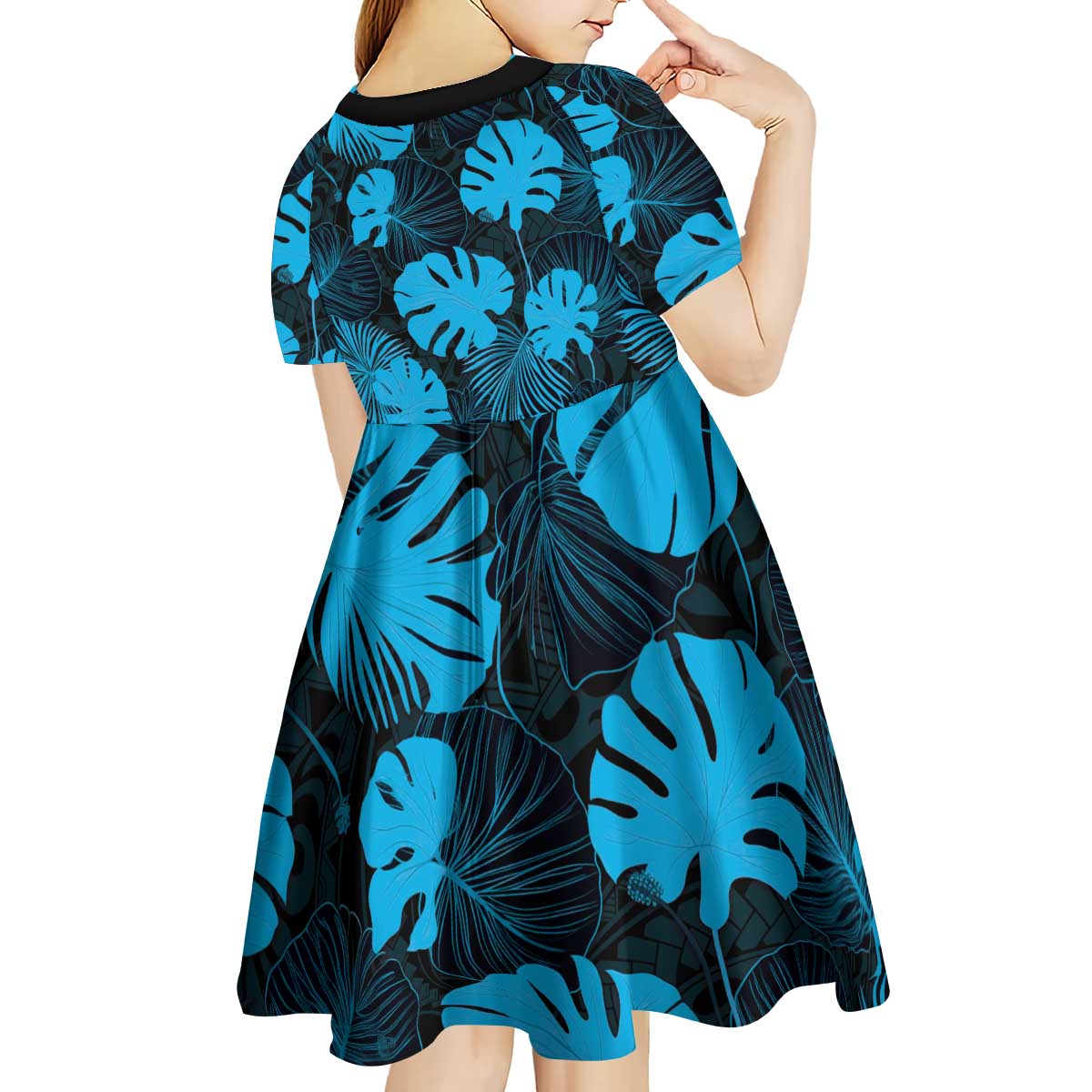 Blue Hawaii Kukui Nut Lei Kid Short Sleeve Dress Hawaiian Pattern Monstera Tropical Vibes - Polynesian Pride