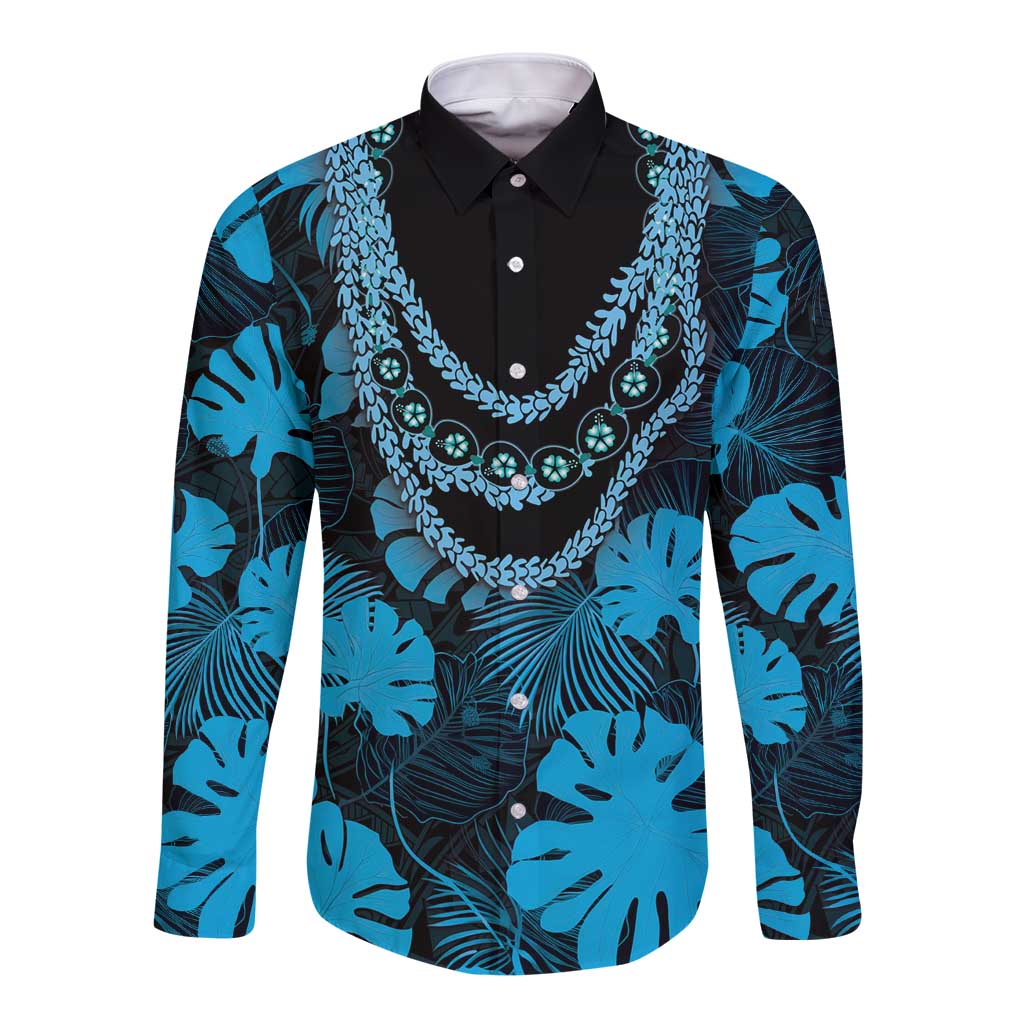 Blue Hawaii Kukui Nut Lei Long Sleeve Button Shirt Hawaiian Pattern Monstera Tropical Vibes LT14 Unisex Blue - Polynesian Pride