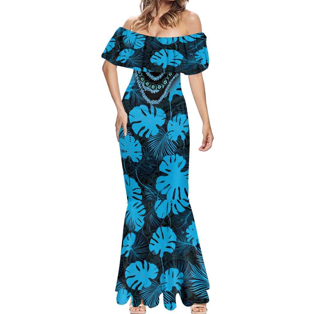Blue Hawaii Kukui Nut Lei Mermaid Dress Hawaiian Pattern Monstera Tropical Vibes - Polynesian Pride