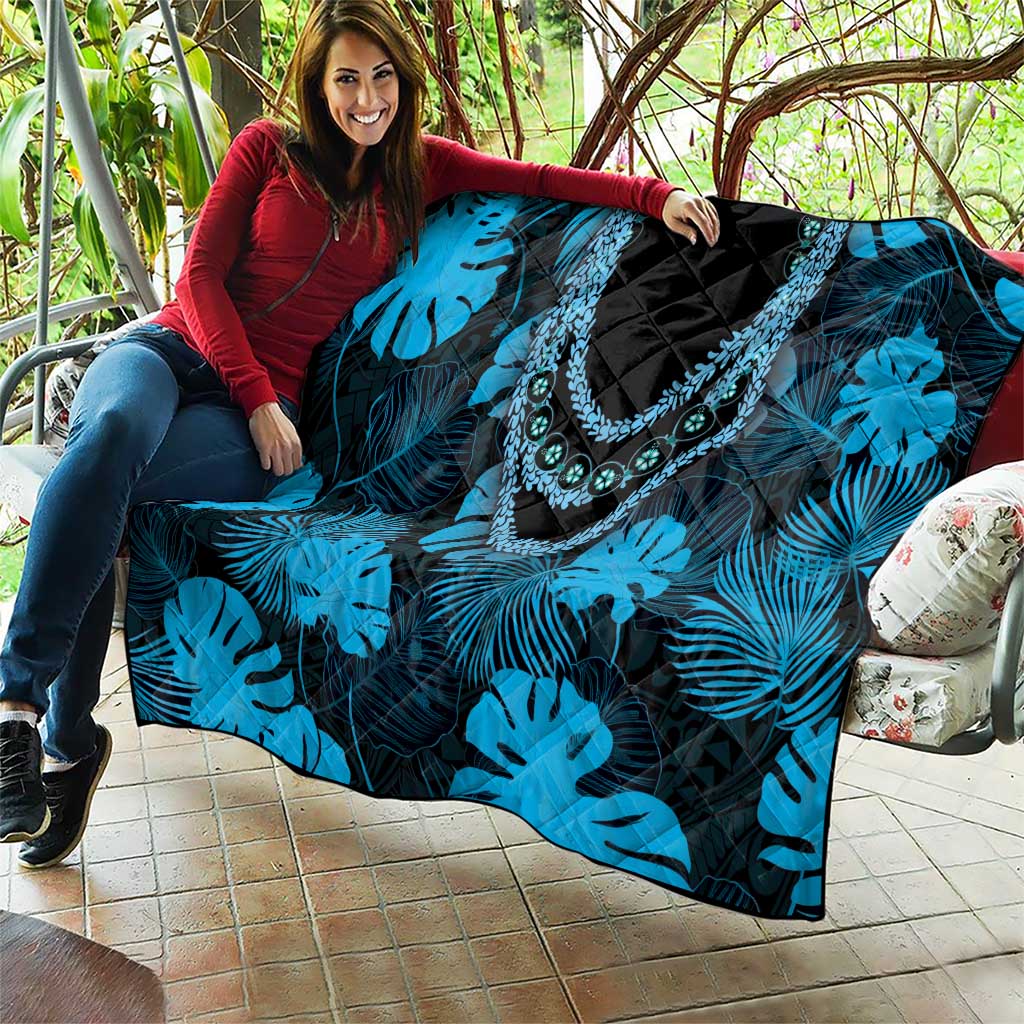 Blue Hawaii Kukui Nut Lei Quilt Hawaiian Pattern Monstera Tropical Vibes LT14 - Polynesian Pride