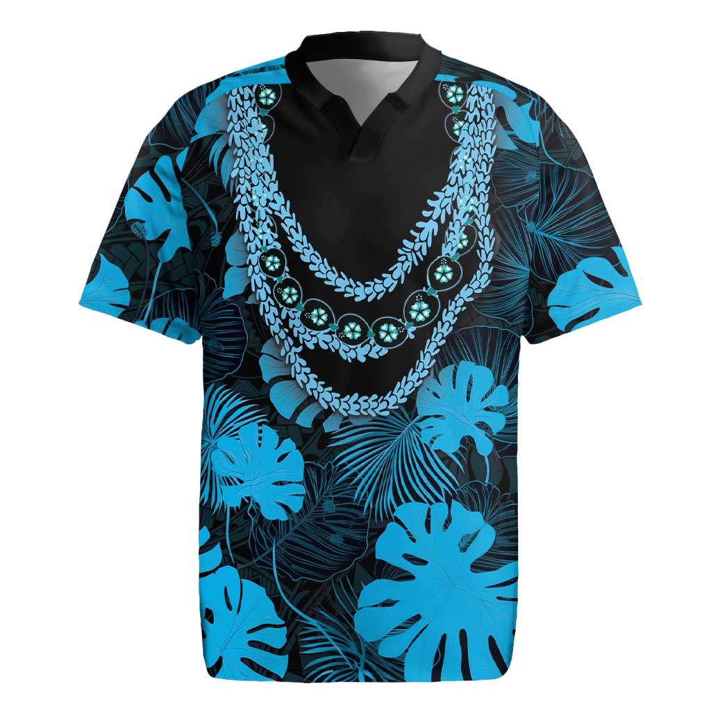 Blue Hawaii Kukui Nut Lei Rugby Jersey Hawaiian Pattern Monstera Tropical Vibes LT14 Blue - Polynesian Pride