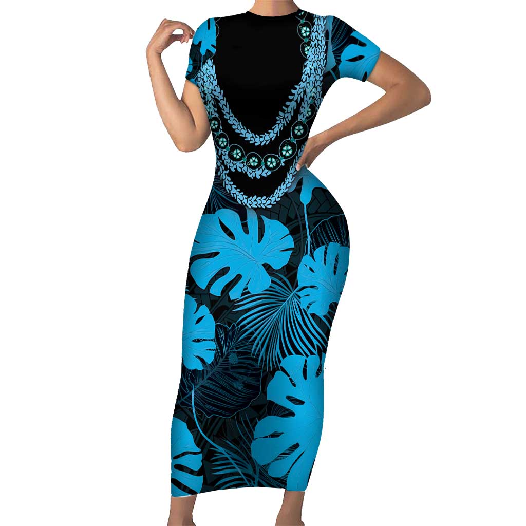 Blue Hawaii Kukui Nut Lei Short Sleeve Bodycon Dress Hawaiian Pattern Monstera Tropical Vibes - Polynesian Pride