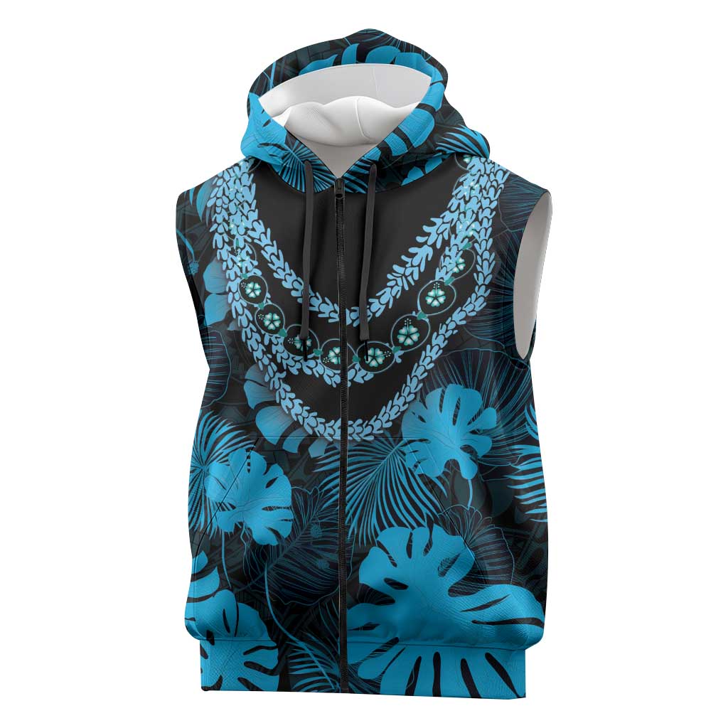 Blue Hawaii Kukui Nut Lei Sleeveless Zip Hoodie Hawaiian Pattern Monstera Tropical Vibes - Polynesian Pride