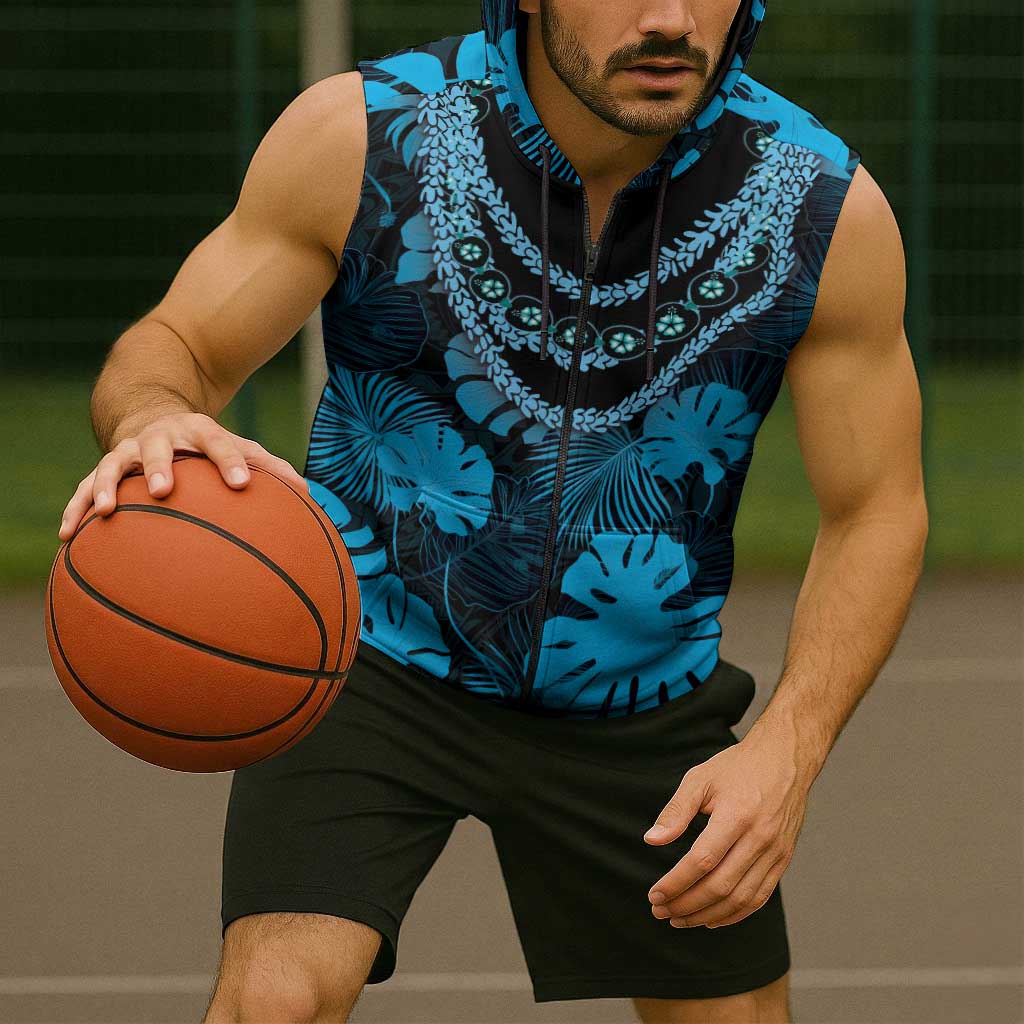 Blue Hawaii Kukui Nut Lei Sleeveless Zip Hoodie Hawaiian Pattern Monstera Tropical Vibes - Polynesian Pride