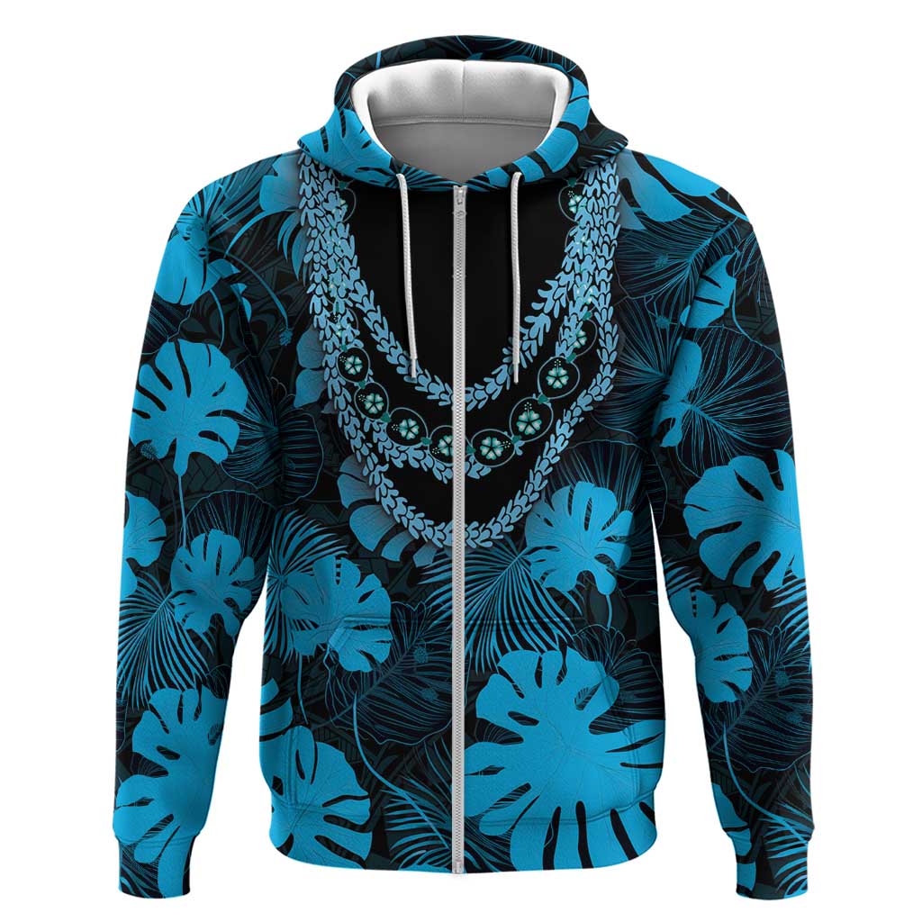 Blue Hawaii Kukui Nut Lei Zip Hoodie Hawaiian Pattern Monstera Tropical Vibes LT14 Zip Hoodie Blue - Polynesian Pride