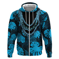 Blue Hawaii Kukui Nut Lei Zip Hoodie Hawaiian Pattern Monstera Tropical Vibes LT14 Zip Hoodie Blue - Polynesian Pride