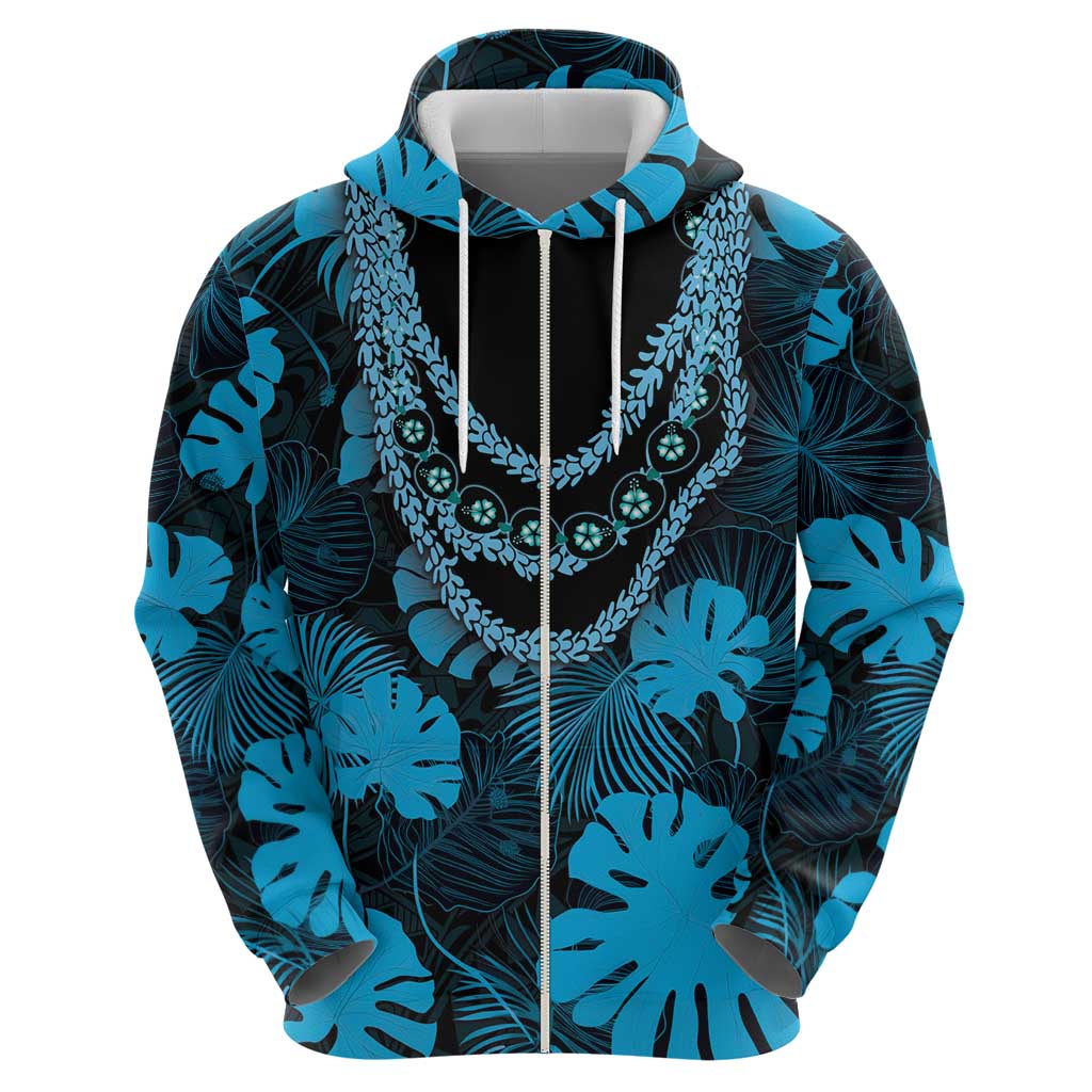 Blue Hawaii Kukui Nut Lei Zip Hoodie Hawaiian Pattern Monstera Tropical Vibes LT14 - Polynesian Pride