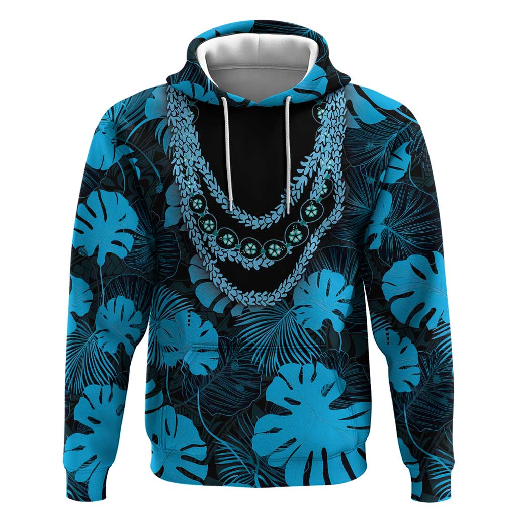 Blue Hawaii Kukui Nut Lei Zip Hoodie Hawaiian Pattern Monstera Tropical Vibes LT14 Pullover Hoodie Blue - Polynesian Pride