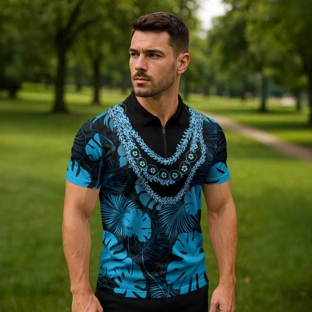 Blue Hawaii Kukui Nut Lei Zipper Polo Shirt Hawaiian Pattern Monstera Tropical Vibes - Polynesian Pride