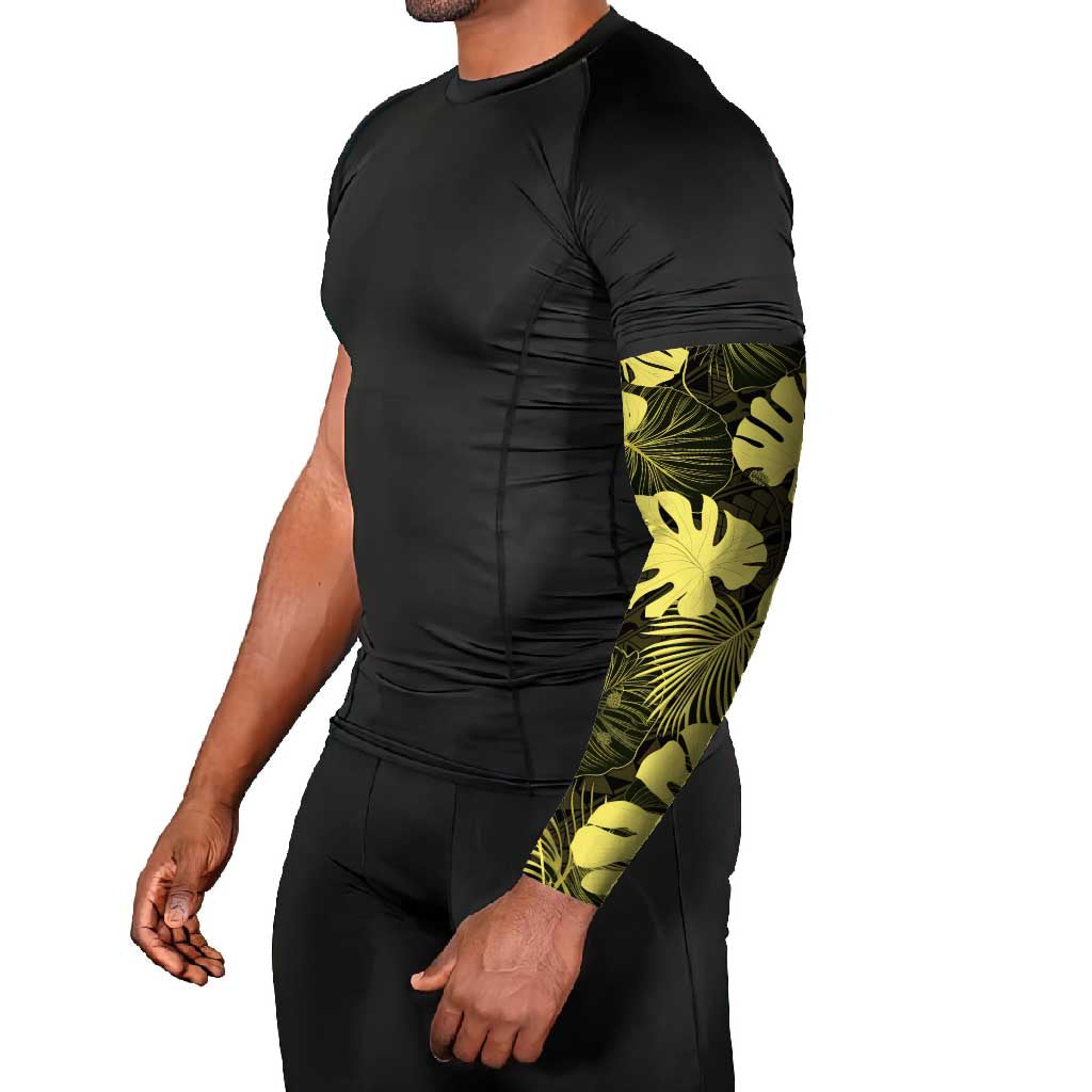 Yellow Hawaii Kukui Nut Lei Arm Sleeves Hawaiian Pattern Monstera Tropical Vibes - Polynesian Pride
