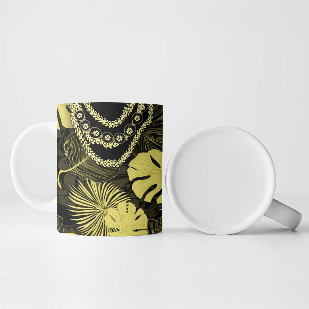Yellow Hawaii Kukui Nut Lei Ceramic Mug Hawaiian Pattern Monstera Tropical Vibes - Polynesian Pride