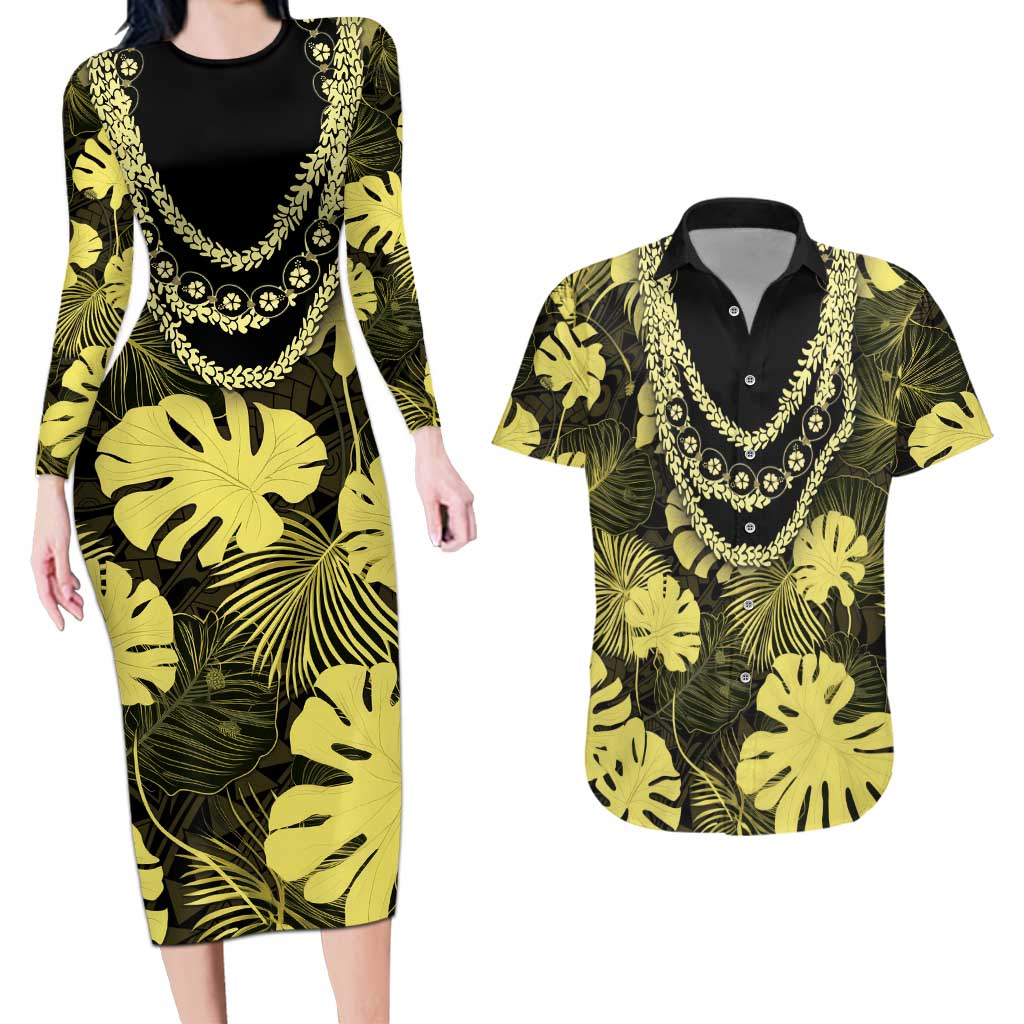 Yellow Hawaii Kukui Nut Lei Couples Matching Long Sleeve Bodycon Dress and Hawaiian Shirt Hawaiian Pattern Monstera Tropical Vibes - Polynesian Pride