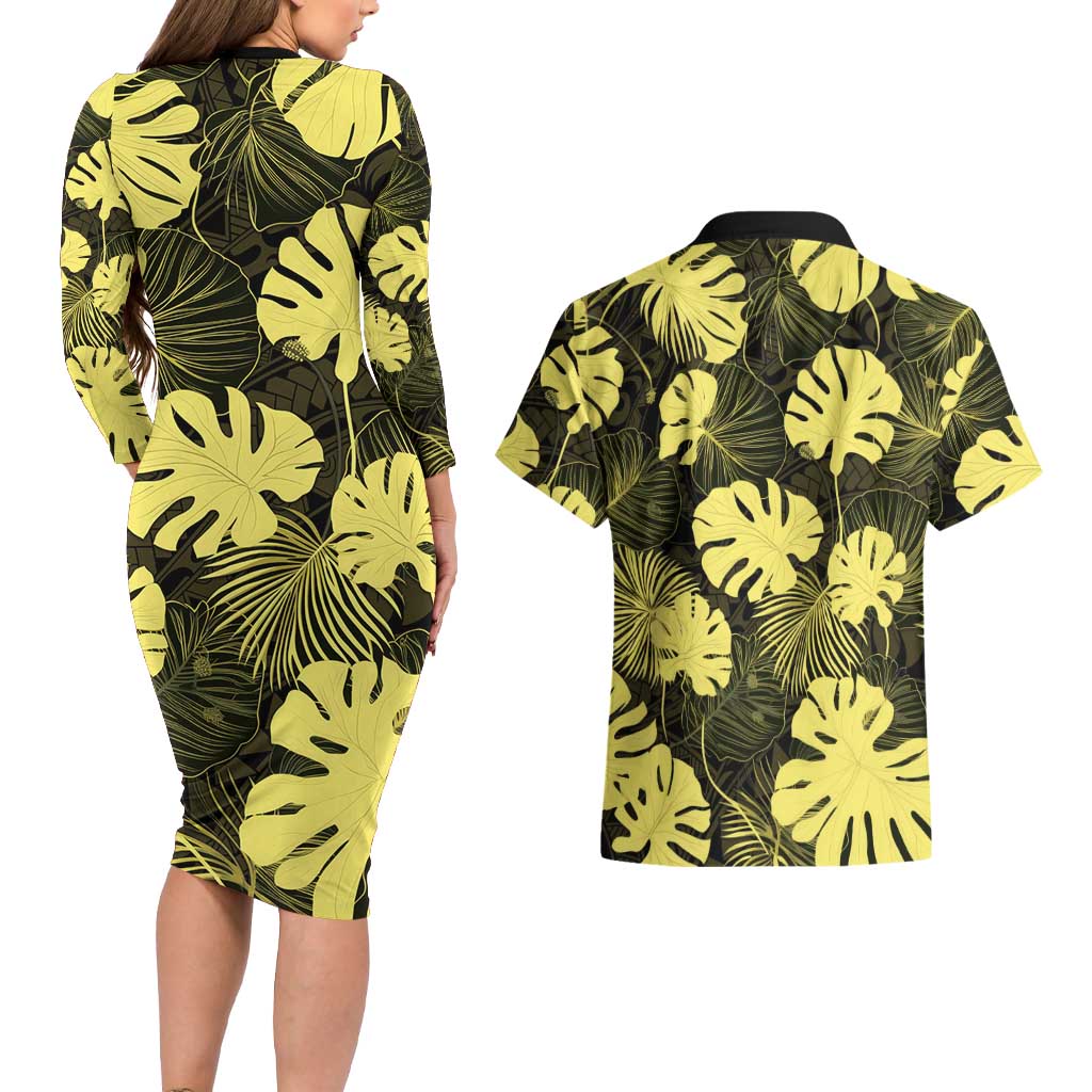Yellow Hawaii Kukui Nut Lei Couples Matching Long Sleeve Bodycon Dress and Hawaiian Shirt Hawaiian Pattern Monstera Tropical Vibes LT14 - Polynesian Pride