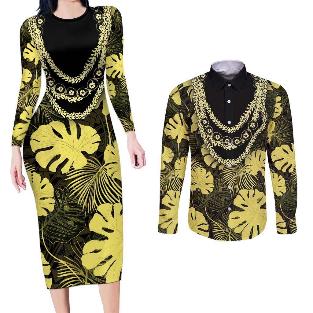 Yellow Hawaii Kukui Nut Lei Couples Matching Long Sleeve Bodycon Dress and Long Sleeve Button Shirt Hawaiian Pattern Monstera Tropical Vibes LT14 Yellow - Polynesian Pride
