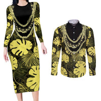 Yellow Hawaii Kukui Nut Lei Couples Matching Long Sleeve Bodycon Dress and Long Sleeve Button Shirt Hawaiian Pattern Monstera Tropical Vibes LT14 Yellow - Polynesian Pride