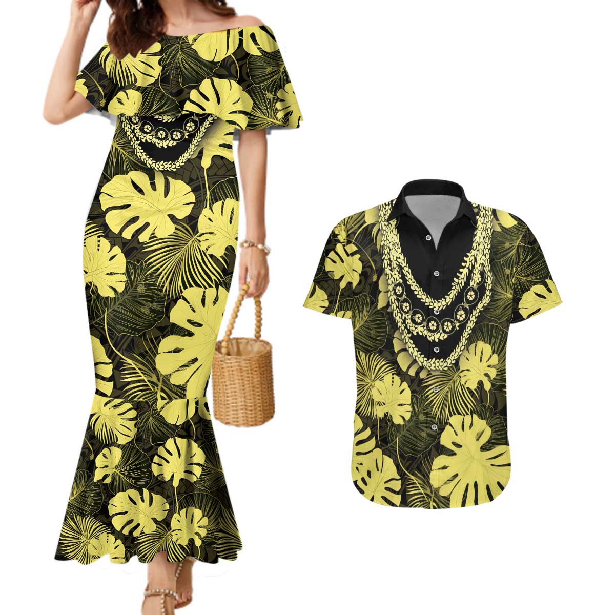 Yellow Hawaii Kukui Nut Lei Couples Matching Mermaid Dress and Hawaiian Shirt Hawaiian Pattern Monstera Tropical Vibes LT14 Yellow - Polynesian Pride