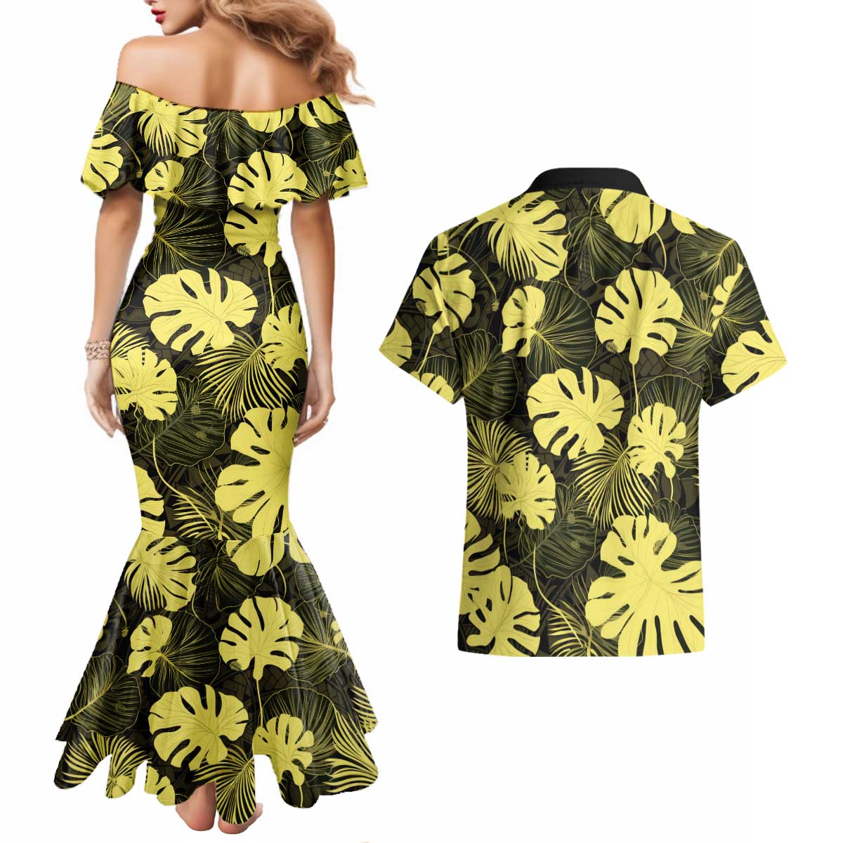 Yellow Hawaii Kukui Nut Lei Couples Matching Mermaid Dress and Hawaiian Shirt Hawaiian Pattern Monstera Tropical Vibes LT14 - Polynesian Pride