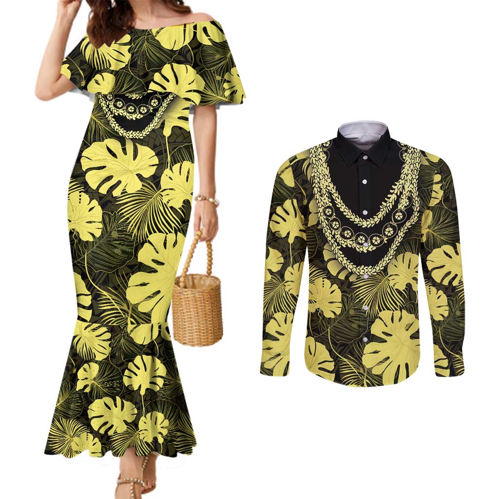 Yellow Hawaii Kukui Nut Lei Couples Matching Mermaid Dress and Long Sleeve Button Shirt Hawaiian Pattern Monstera Tropical Vibes LT14 Yellow - Polynesian Pride