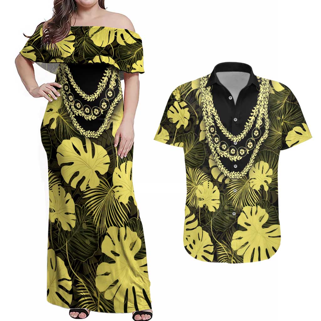 Yellow Hawaii Kukui Nut Lei Couples Matching Off Shoulder Maxi Dress and Hawaiian Shirt Hawaiian Pattern Monstera Tropical Vibes LT14 Yellow - Polynesian Pride